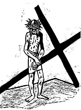 Richard Seewald, Linolschnitt: Christus mit Dornenkrone steht vor dem schräg stehenden Kreuz.