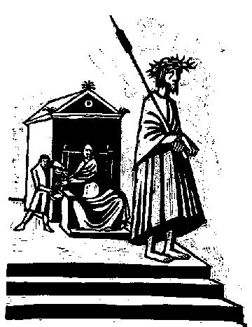 Richard Seewald, Linolschnitt: Christus mit Dornenkrone steht auf Stufen, links sitzt Pilatus unter einem Baldachin, ein Diener reicht Wasser.