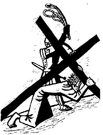 Richard Seewald, Linolschnitt: Christus stürzt unter dem Kreuz, hinter ihm ein Soldat mit Peitsche.