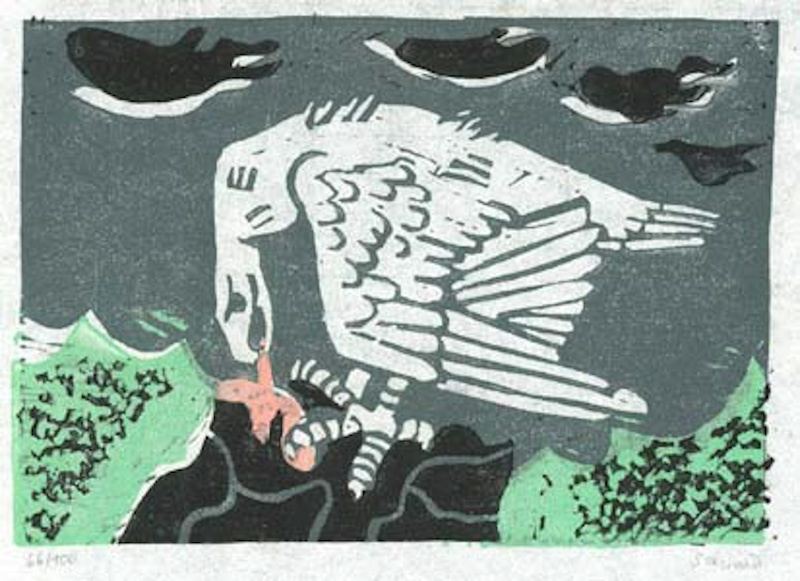 Richard Seewald, Linolschnitt: Ein weisser Geier mit Beute auf einem dunklen Felsen, grauer Himmel, grüne Hügel.