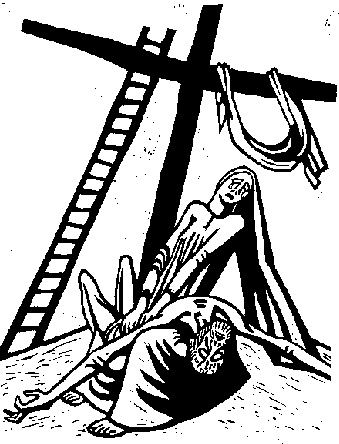 Richard Seewald, Linolschnitt: Der Leichnam wird vom Kreuz herabgenommen, Leiter und Tuch am Kreuz, Trauernde unten.