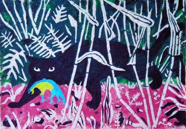 Richard Seewald, Linolschnitt: Eine schwarze Raubkatze trägt einen bunten Fisch im Maul, zwischen weissen Gräsern auf rosa Grund.