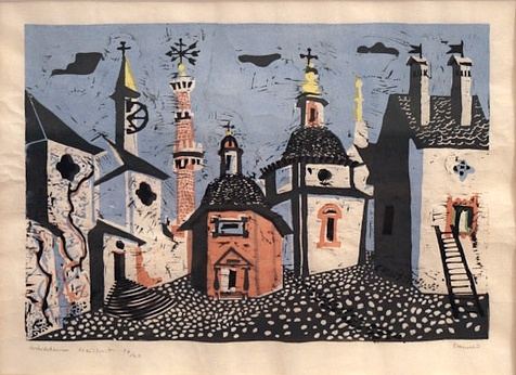 Richard Seewald, Linolschnitt: Kleine Stadt mit bunten Türmen und Kuppeln über Pflasterplatz, Blau, Gelb, Rot.