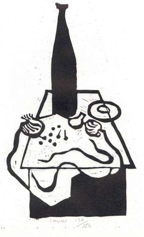 Richard Seewald, Linolschnitt: Tisch mit hoher dunkler Flasche, Teller, Zwiebeln und Tuch; kräftige Schwarz-Weiss-Flächen.