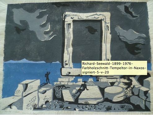 Richard Seewald, Linolschnitt: Das grosse Marmortor auf Naxos vor blauem Meer und dunklem Himmel, zwei Figuren auf Ruinen.