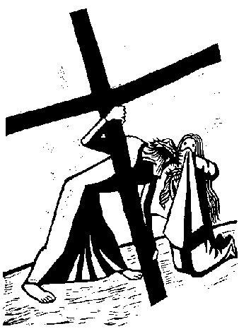 Richard Seewald, Linolschnitt: Christus trägt das Kreuz, rechts kniet eine Frau mit langem Haar mit einem Tuch.