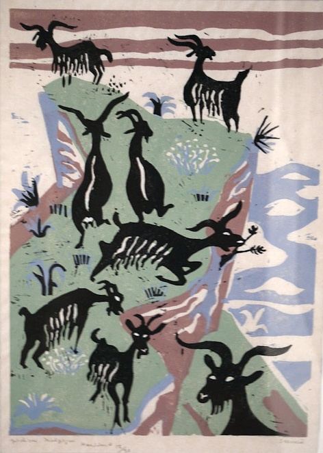 Richard Seewald, Linolschnitt: Mehrere schwarze Ziegen auf grünem Felsen, rechts blaues Meer; farbig gedruckt.