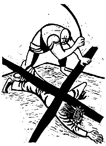 Richard Seewald, Linolschnitt: Christus liegt am Boden unter dem Kreuz, ein Soldat holt mit der Peitsche aus.