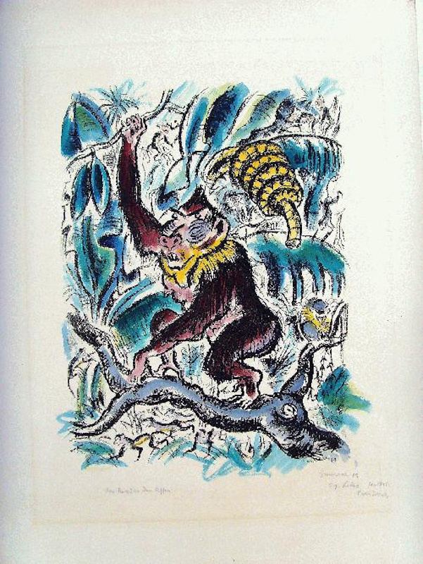 Richard Seewald, Paradies der Affen, 1919. Hand-coloured lithograph: Coloured ape with a striped animal and blue fish in foliage; turquoise, violet and yellow on white paper.