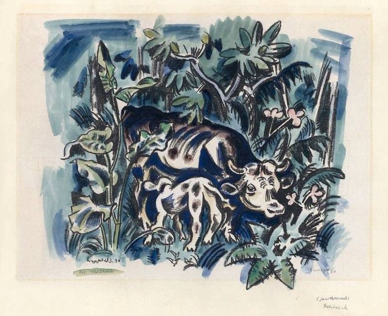 Richard Seewald, Die Waldkuh, 1920. Hand-coloured lithograph: A cow with a calf in dense blue-green foliage, colour-tinted etching on cream paper.