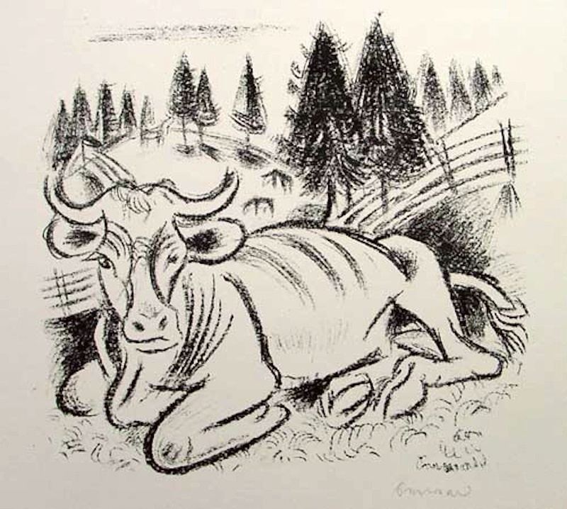 Richard Seewald, Knieendes Rind. Lithograph: Reclining horned cow before a fence and fir trees, black crayon on a pale sheet.