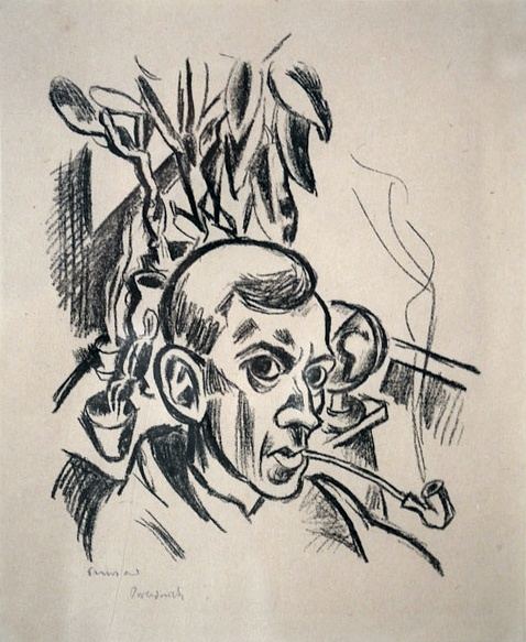 Richard Seewald, Selbstporträt mit Pfeife, 1921. Lithograph: Portrait of a man with a pipe before plants and a wisp of smoke, line drawing.