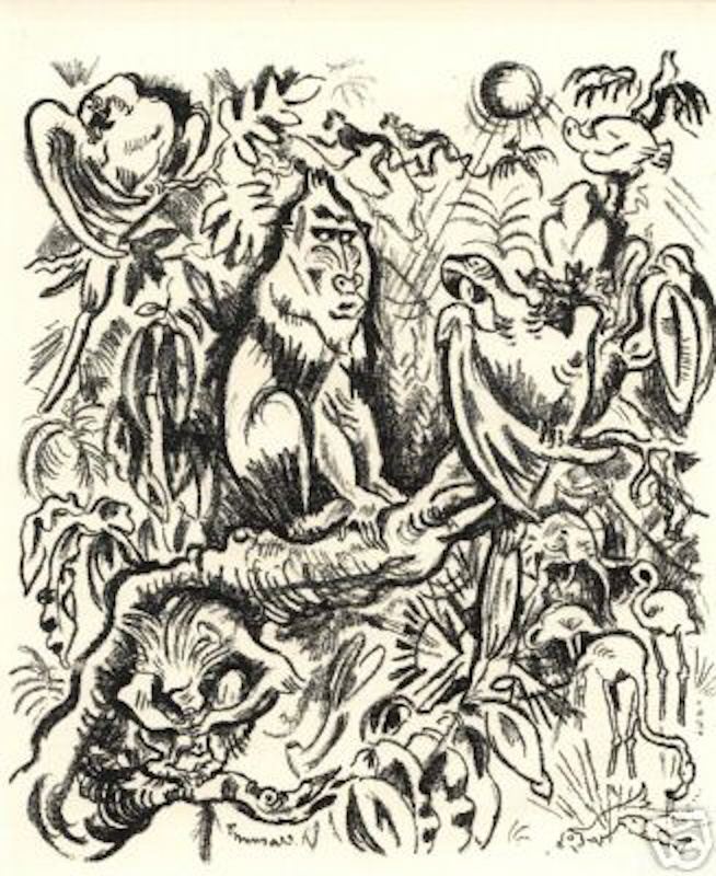 Richard Seewald, Geträumte Urwaldlandschaft, 1919. Lithograph: Dense tangle of monkeys, a big cat and birds in foliage, sun at upper right; black on cream.