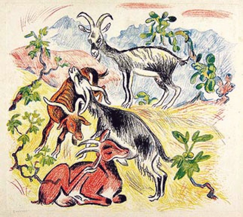 Richard Seewald, Lithograph: Ibex, goat and a red-brown kid among shrubs before mountains; yellows, reds and greens.