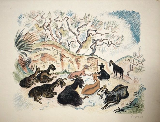 Richard Seewald, Ziegenherde, 1921. Colour lithograph: Goats resting under trees before a rock face, tinted pen drawing; light ochre and blue tones.