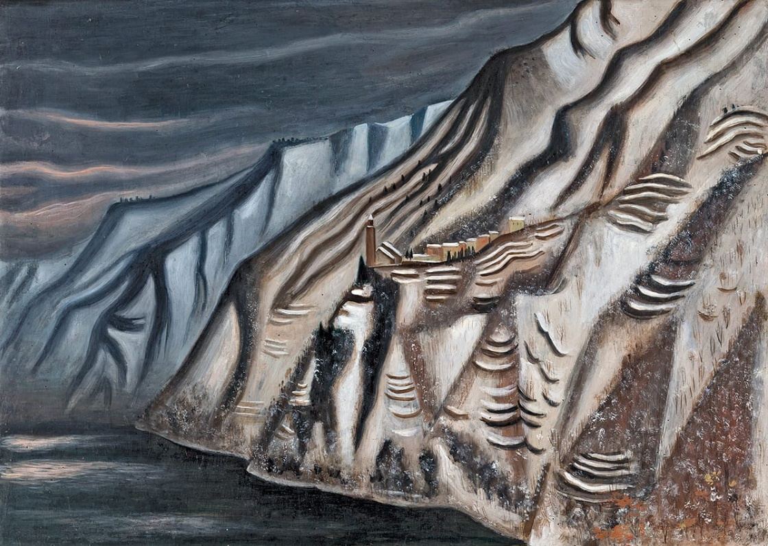 Richard Seewald, Ölbild: Steile helle Felswand mit Terrassen und Dorf über dunklem Wasser unter grauem Himmel.