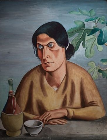 Richard Seewald, Ölbild: Frau mit dunklem Haar in ockerfarbener Bluse am Tisch, daneben Chianti-Flasche und Schale, hinter ihr Feigenblätter.