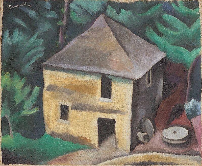 Richard Seewald, Ölbild: Gelbes Haus mit grauem Dach im dunkelgrünen Wald, rechts Mühlsteine am Boden.