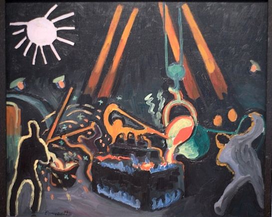 Richard Seewald, Ölbild: Dunkle Szene mit Gießerei, glühendem Metall, Arbeiterfiguren und weißer Strahlensonne, in Schwarz, Orange und Blau.