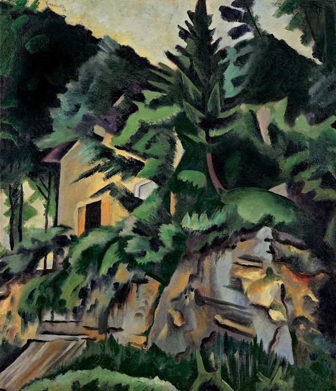 Richard Seewald, Ölbild: Gelbes Haus halb verdeckt von dunklen Tannen und Laub über einer zerklüfteten Felswand.