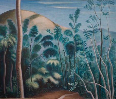 Richard Seewald, Ölbild: Schlanke Bäume und Büsche vor einem hellen Hügel unter blauem Himmel, in Blaugrün und Gelb.