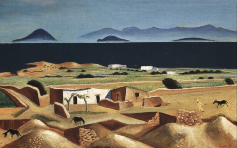 Richard Seewald, Ölbild: Karge Hügel mit weißem Haus und Tieren vor dunklem Meer und blauen Inseln am Horizont.