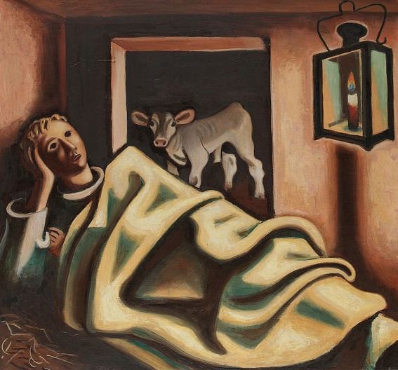 Richard Seewald, Ölbild: Junge liegt unter gelber Decke im Stall, hinter ihm schaut ein Kalb durch die Tür, rechts eine Laterne.