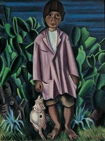 Richard Seewald, Ölbild: Barfüßiger Junge in rosa Jacke hält einen Fisch, hinter ihm große grüne Kakteen vor dunkelblauem Hintergrund.