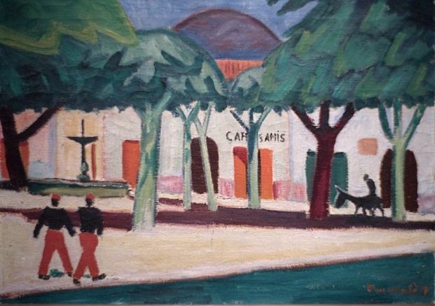 Richard Seewald, Ölbild: Platz mit Platanen, Brunnen und Café-Fassade, im Vordergrund zwei Männer in roten Hosen, grüne und rote Töne.