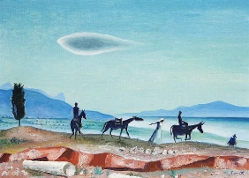 Richard Seewald, Ölbild: Dunkle Silhouetten von Reitern und Maultieren auf einer Anhöhe über dem Meer, am Himmel eine längliche Wolke.