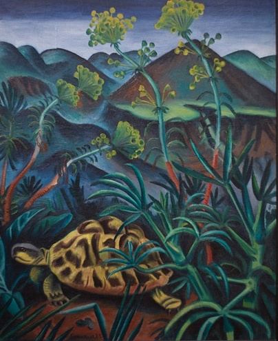Richard Seewald, Ölbild: Gemusterte Schildkröte zwischen hohen Doldenpflanzen vor blaugrünen Bergen und rotem Hügel, in dunklem Rahmen.