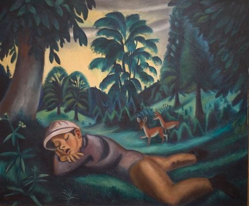 Richard Seewald, Ölbild: Junge mit heller Mütze liegt im Gras unter Bäumen, im Hintergrund zwei kleine Rehe vor gelblichem Himmel.