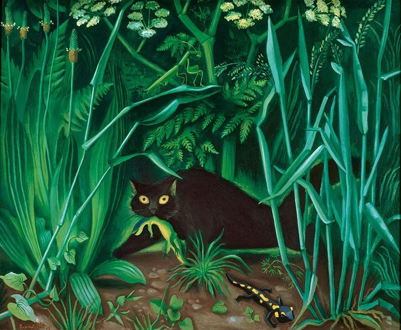 Richard Seewald, Ölbild: Schwarze Katze mit Eidechse im Maul im dichten grünen Dickicht, vorn ein Feuersalamander
