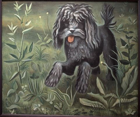 Richard Seewald, Ölbild: Zottiger schwarzer Pudel mit orangefarbenem Ball im Maul läuft durch hohes grünes Gras.