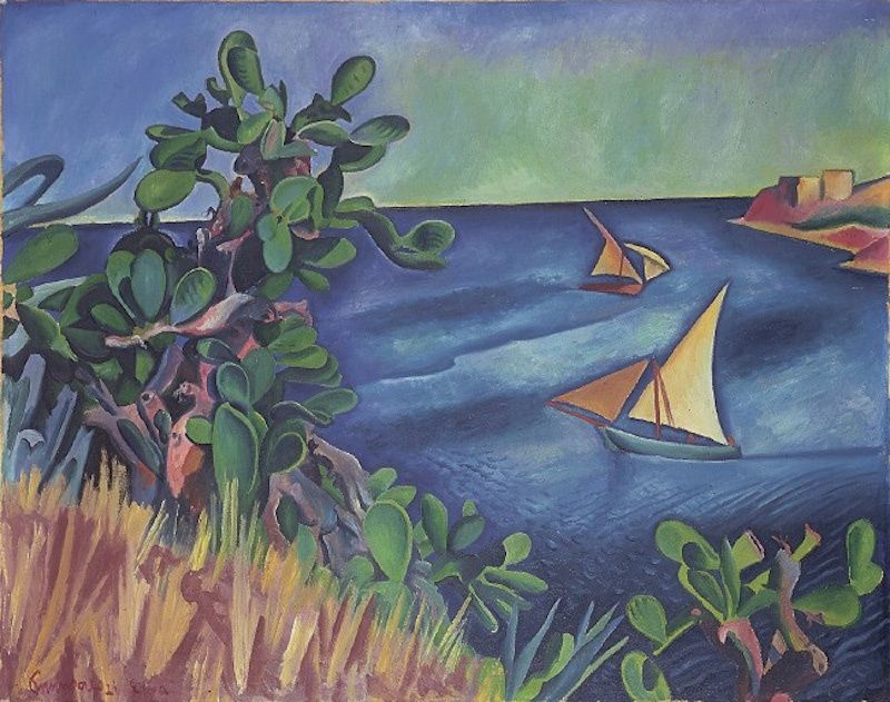 Richard Seewald, Ölbild: Zwei Segelboote auf tiefblauem Meer, links Kaktusfeigen und gelbes Gras, rechts Festung am Ufer.