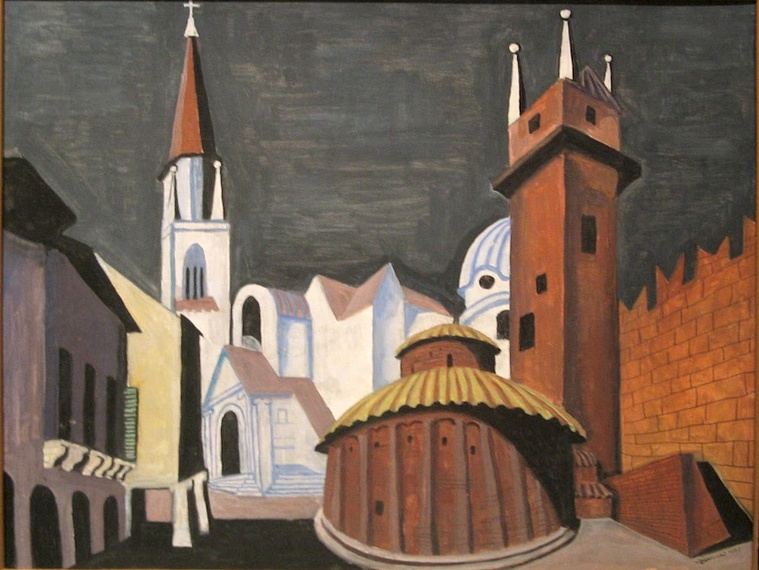 Richard Seewald, Ölbild: Dunkler Himmel über Platz mit Kirchturm, rotem Turm, Kuppel und gelb gedecktem Rundbau, in Rot, Weiß und Grau.