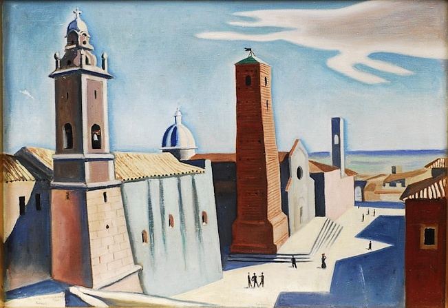 Richard Seewald, Ölbild: Sonniger Platz mit Glockenturm, rotem Turm und blauer Kuppel, kleine Figuren im Schatten, heller Himmel.