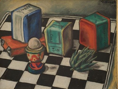 Richard Seewald, Ölbild: Eierbecher mit Ei, bunte Dosen und eine Pflanze auf einem Schachbrettmuster, in Blau, Rot und Grün.