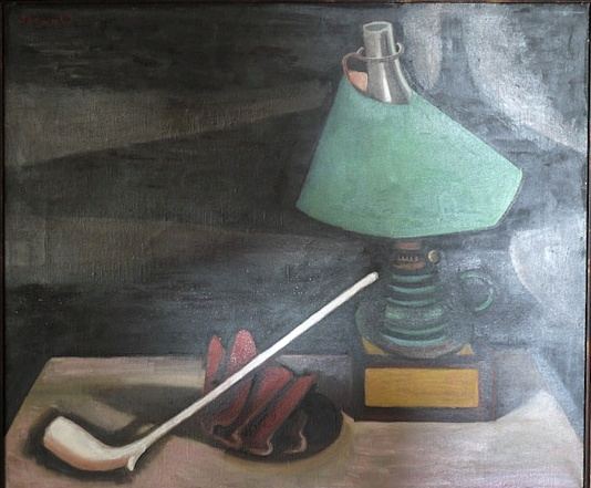 Richard Seewald, Ölbild: Lange weiße Pfeife und Lampe mit grünem Schirm auf einem Tisch vor dunklem Hintergrund.
