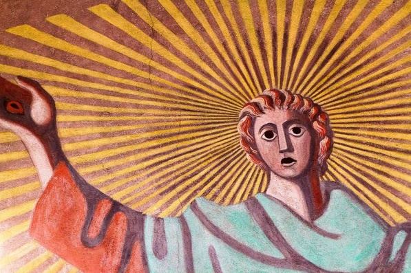 Richard Seewald, Ölbild: Gestalt mit rotem Haar und geöffnetem Mund vor einem gelben Strahlenkranz, in Türkis- und Rottönen gekleidet, Arm erhoben.