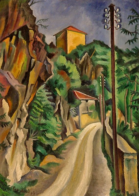 Richard Seewald, Ölbild: Gewundene helle Straße zwischen orangefarbenen Felsen und grünen Bäumen, rechts ein hoher Telegrafenmast.
