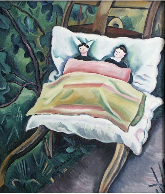 Richard Seewald, Ölbild: Zwei kleine Figuren liegen in einem Bett mit gelber und rosa Decke vor dunkelgrünem Laub.
