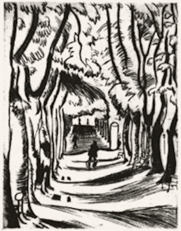 Richard Seewald, Allee, 1918. 蚀刻版画: 幽暗的林荫道上树干粗壮，两个人物沿小路向深处走去。