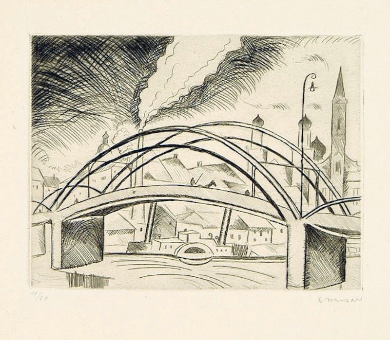 Richard Seewald, Radierung: Eisenbogenbrücke über Fluss, Fabrikrauch und Kirchturm im Hintergrund; feine Schraffur auf cremefarbenem Blatt.