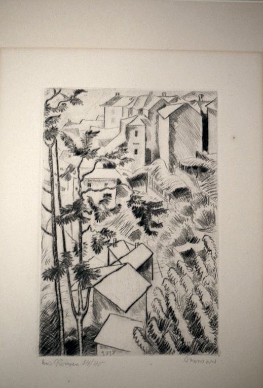 Richard Seewald, Radierung: Blick auf Dorfhäuser und Dächer zwischen Pinien; feine schwarze Radierung auf grauem Blatt.