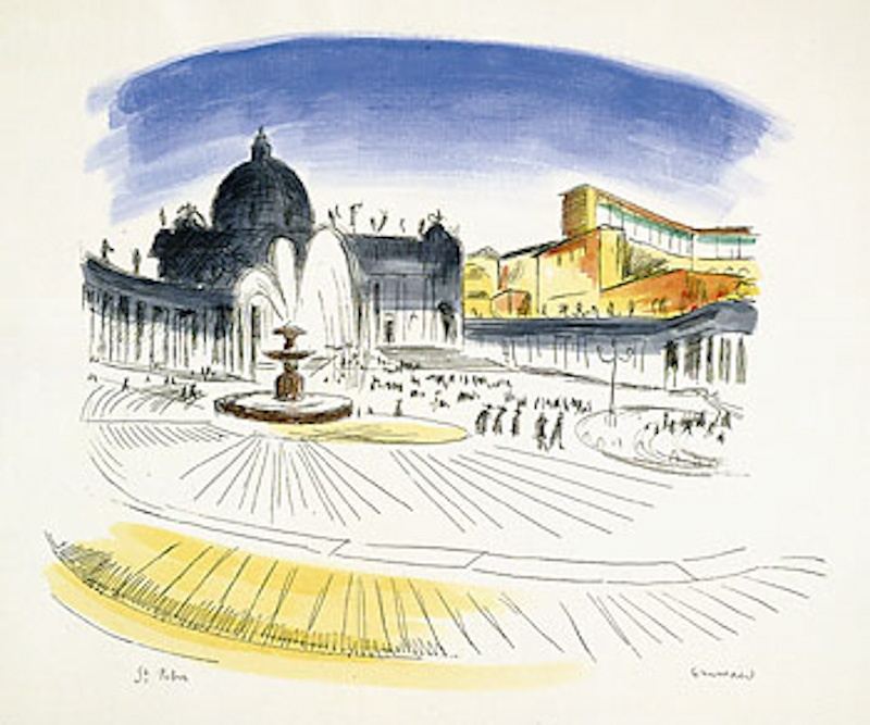 Richard Seewald, Radierung: Brunnen auf dem Petersplatz mit Kuppel und Kolonnaden, blauer Himmel und gelbe Akzente; Handkolorierung.