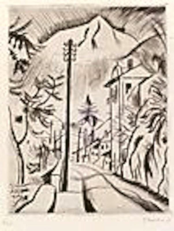 Richard Seewald, Radierung: Schwarz-weiße Radierung: Straße, Telegrafenmast, Bäume und Haus, dahinter Berggipfel.