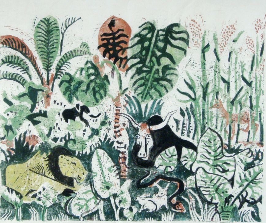 Richard Seewald, Radierung: Löwe, Stier, Schlange und Rehe zwischen großen grünen Blättern; Grün-, Rot- und Schwarztöne.