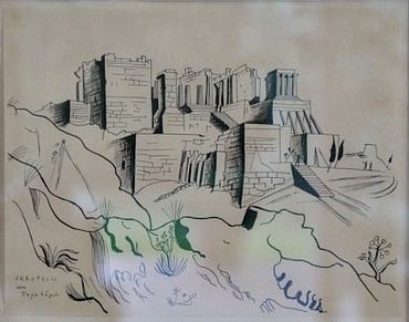 Richard Seewald, Zeichnung: Zeichnung der Akropolis mit leichter Aquarell- oder Farbtönung in Grün und Blau auf Felsen