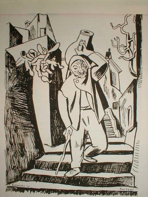 Richard Seewald, Zeichnung: Kontrastreiche Tuschezeichnung eines gebückten alten Mannes mit Krug auf einer Treppe.